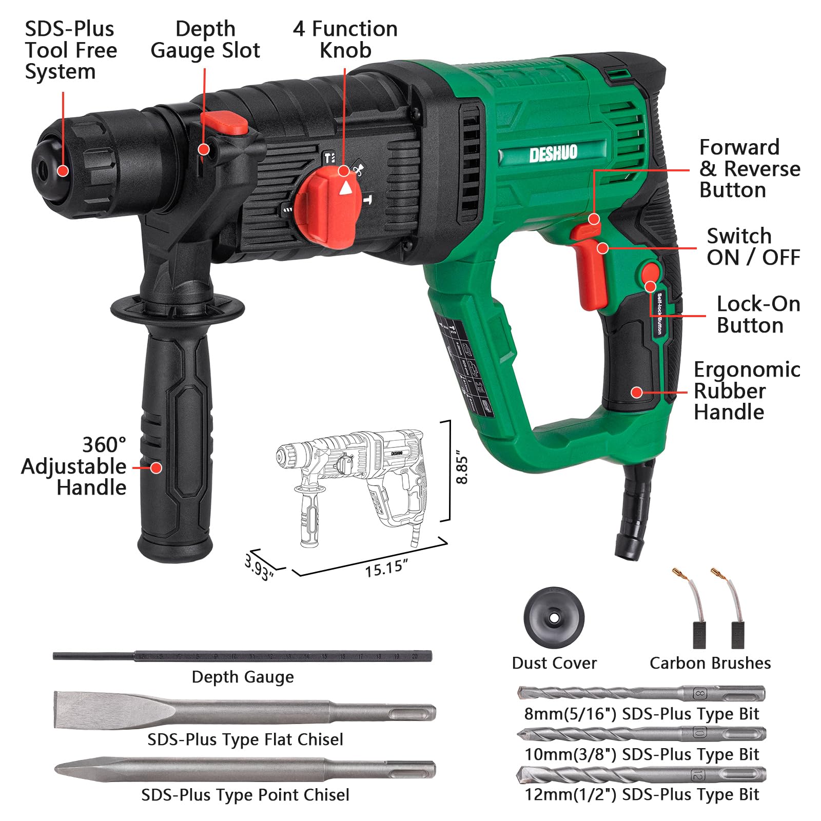 DESHUO rotary hammer with four modes and Vario-Lock for versatile masonry work.