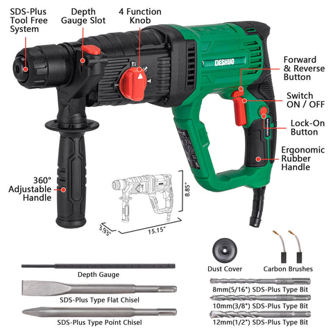 DESHUO rotary hammer with four modes and Vario-Lock for versatile masonry work.