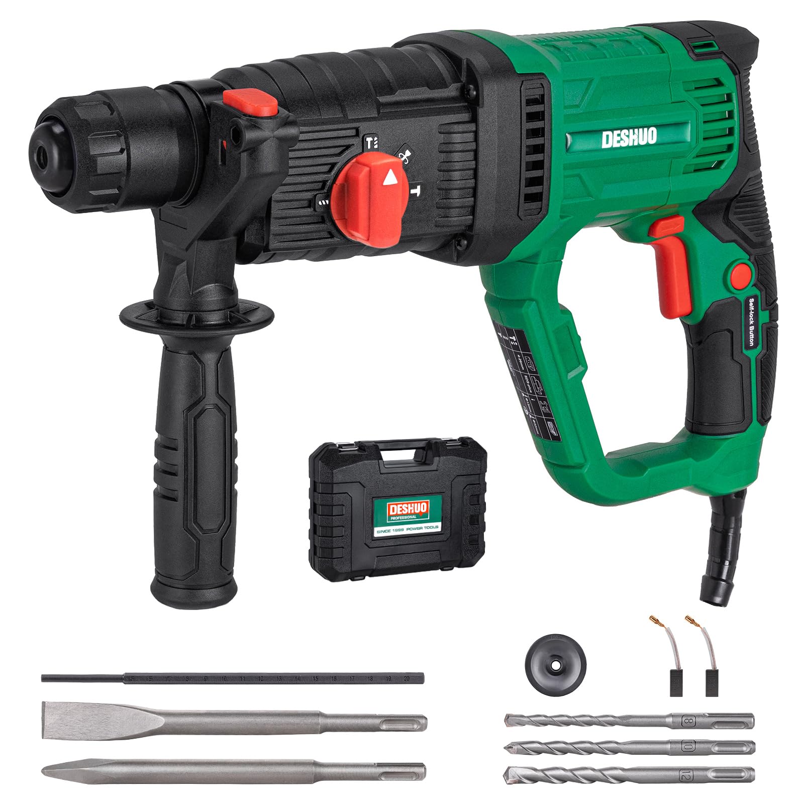 DESHUO 1-Inch SDS-Plus rotary hammer drill front view, compact for overhead drilling.