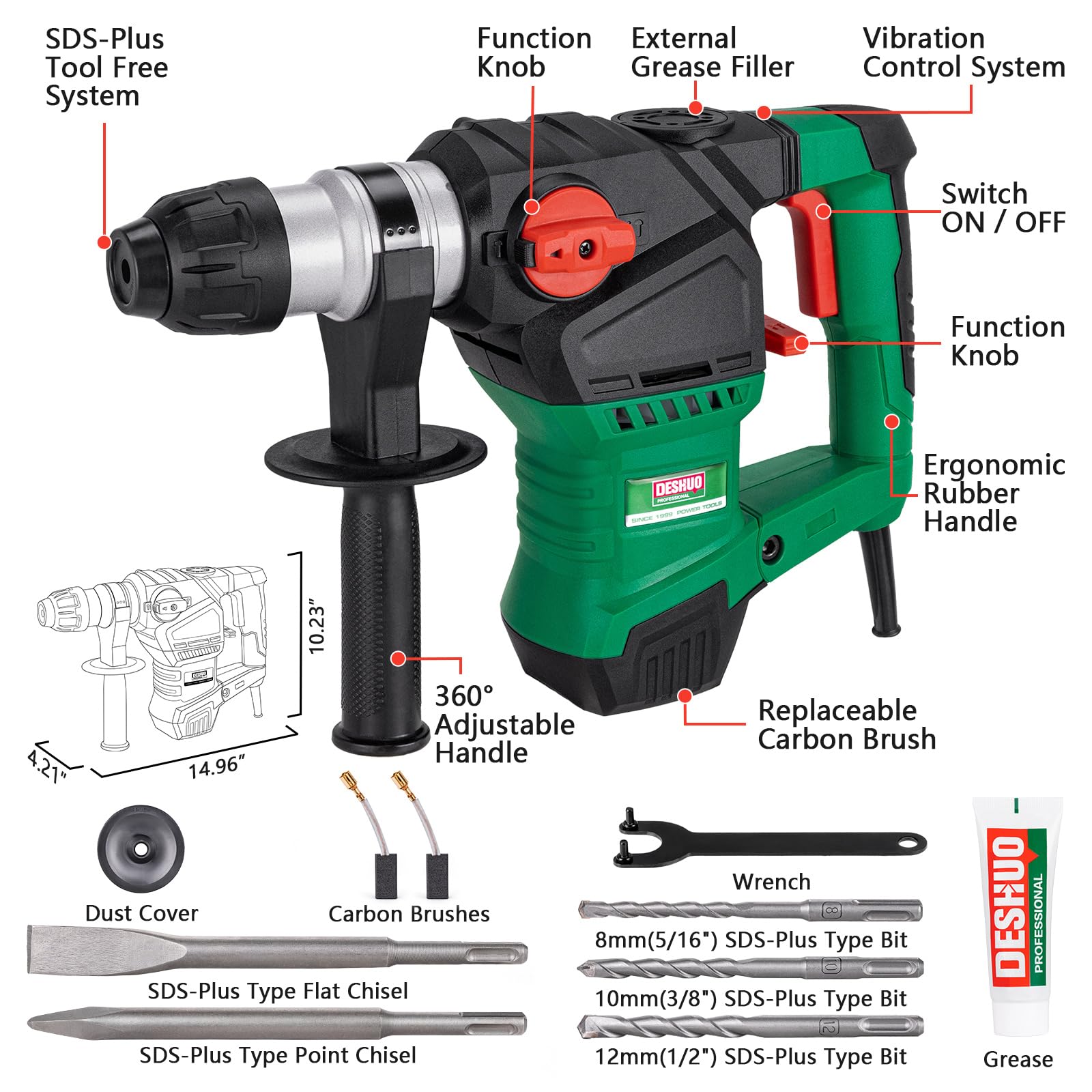 DESHUO SDS-Plus bit system enables tool-free, secure bit changes.