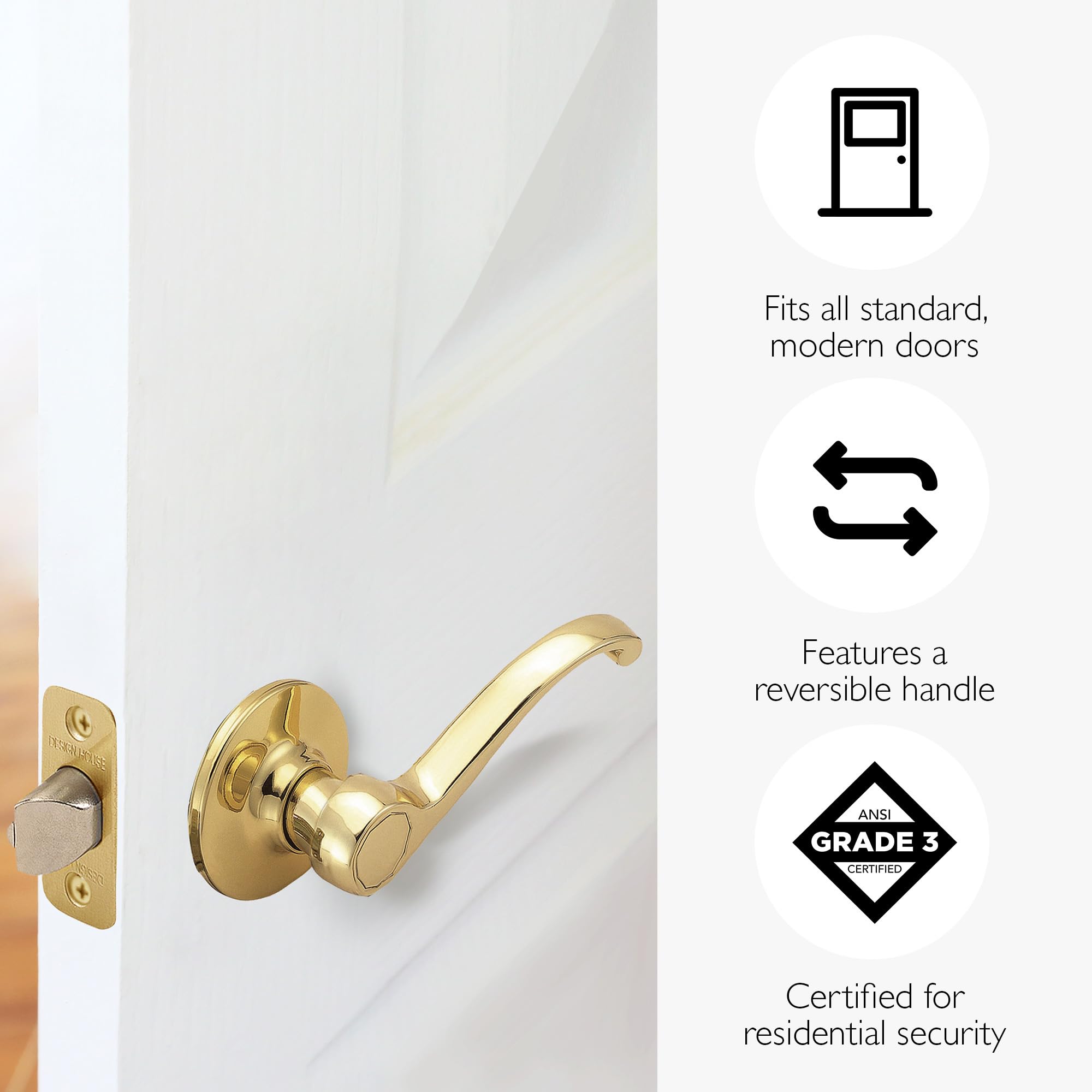 Design House reversible scroll lever in polished brass for versatile installation