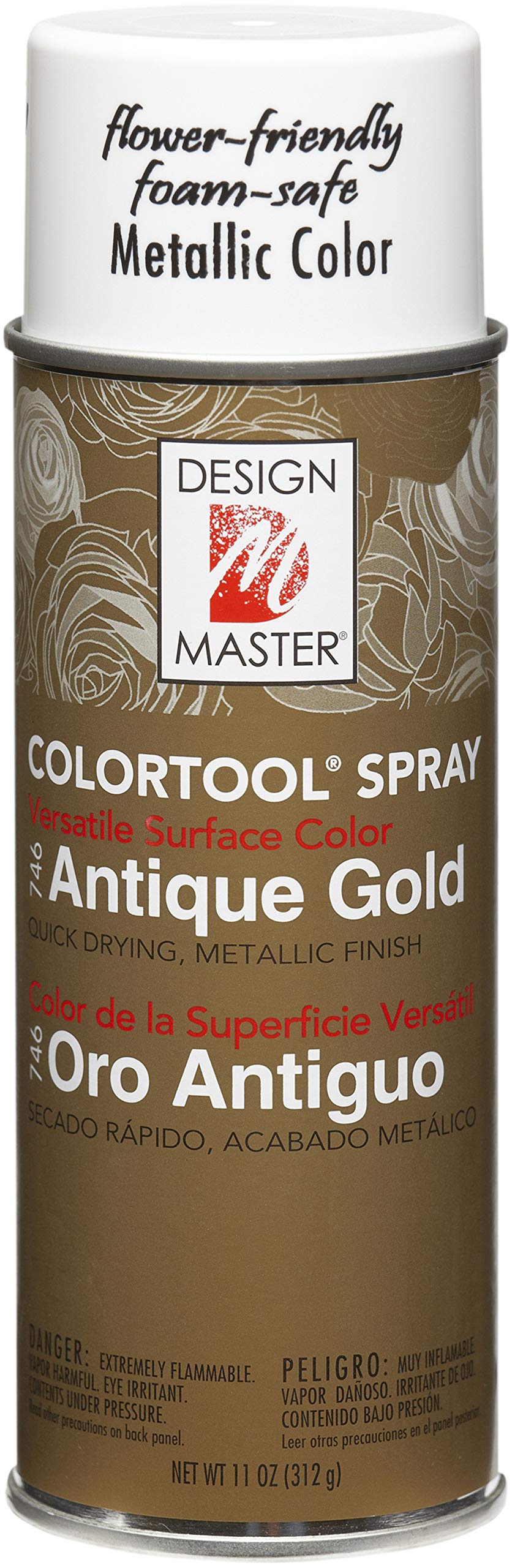 Design Master 746 Garden Antique Gold spray can front view for quick-drying color.
