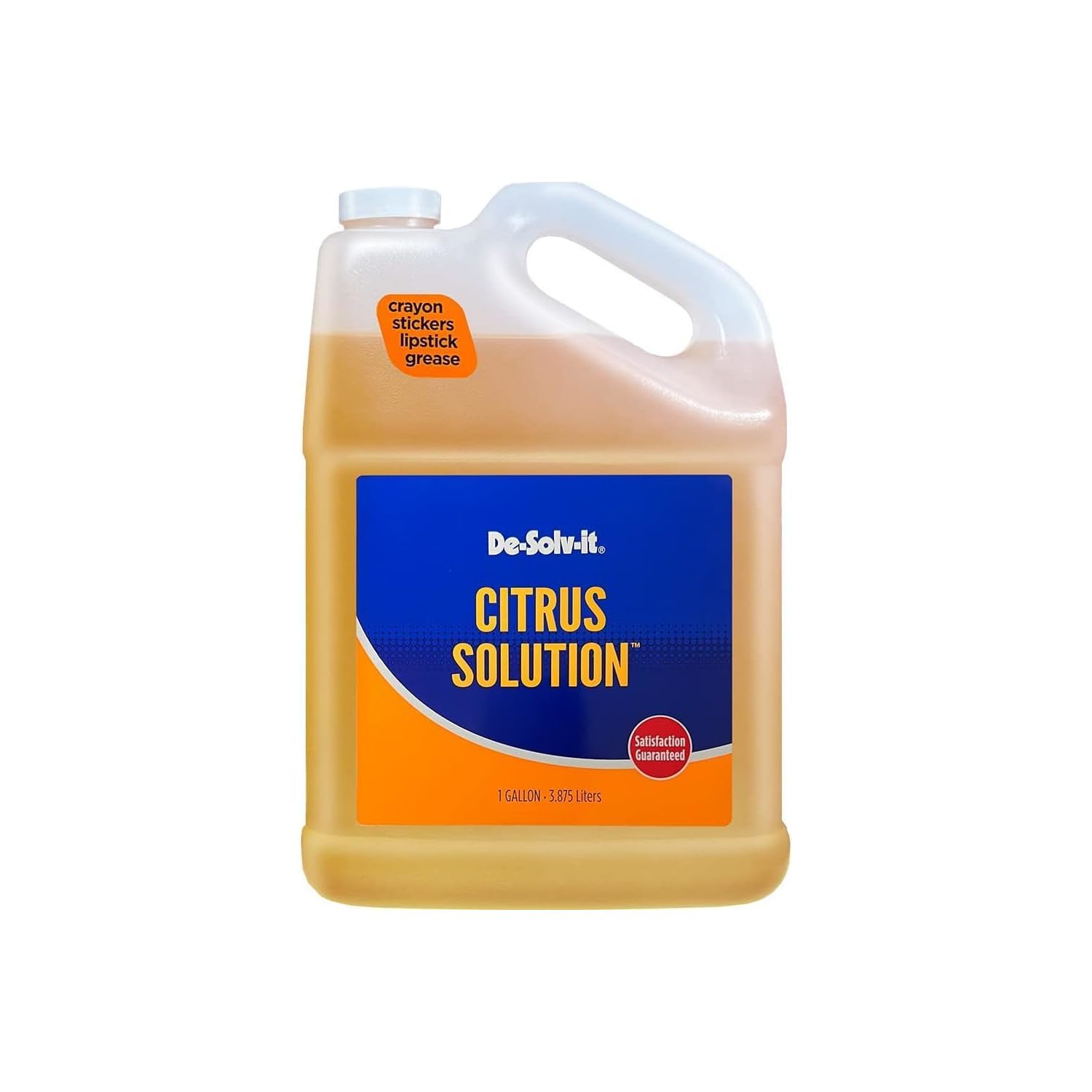 De-Solv-It Citrus Solution gallon label close-up highlights branding and stain-removal capability.