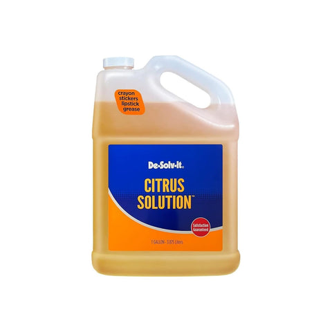 De-Solv-It Citrus Solution gallon label close-up highlights branding and stain-removal capability.