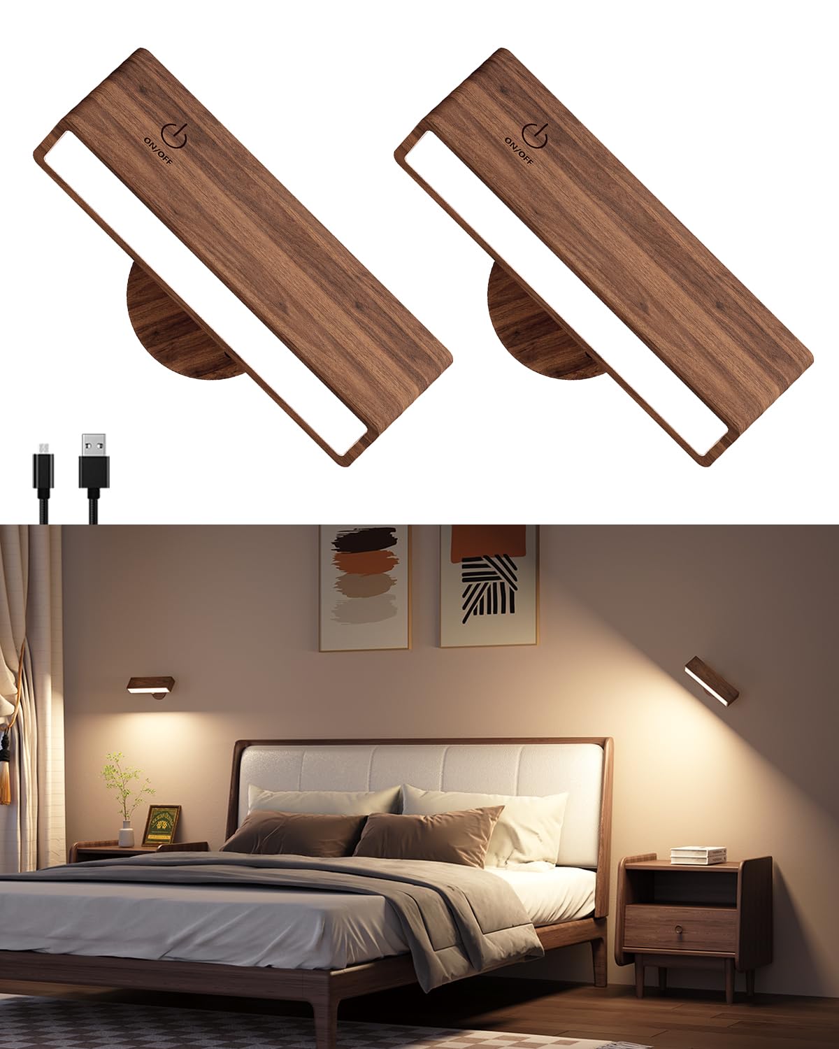 DetarZinLED battery wall sconce with wood finish for warm bedroom ambiance