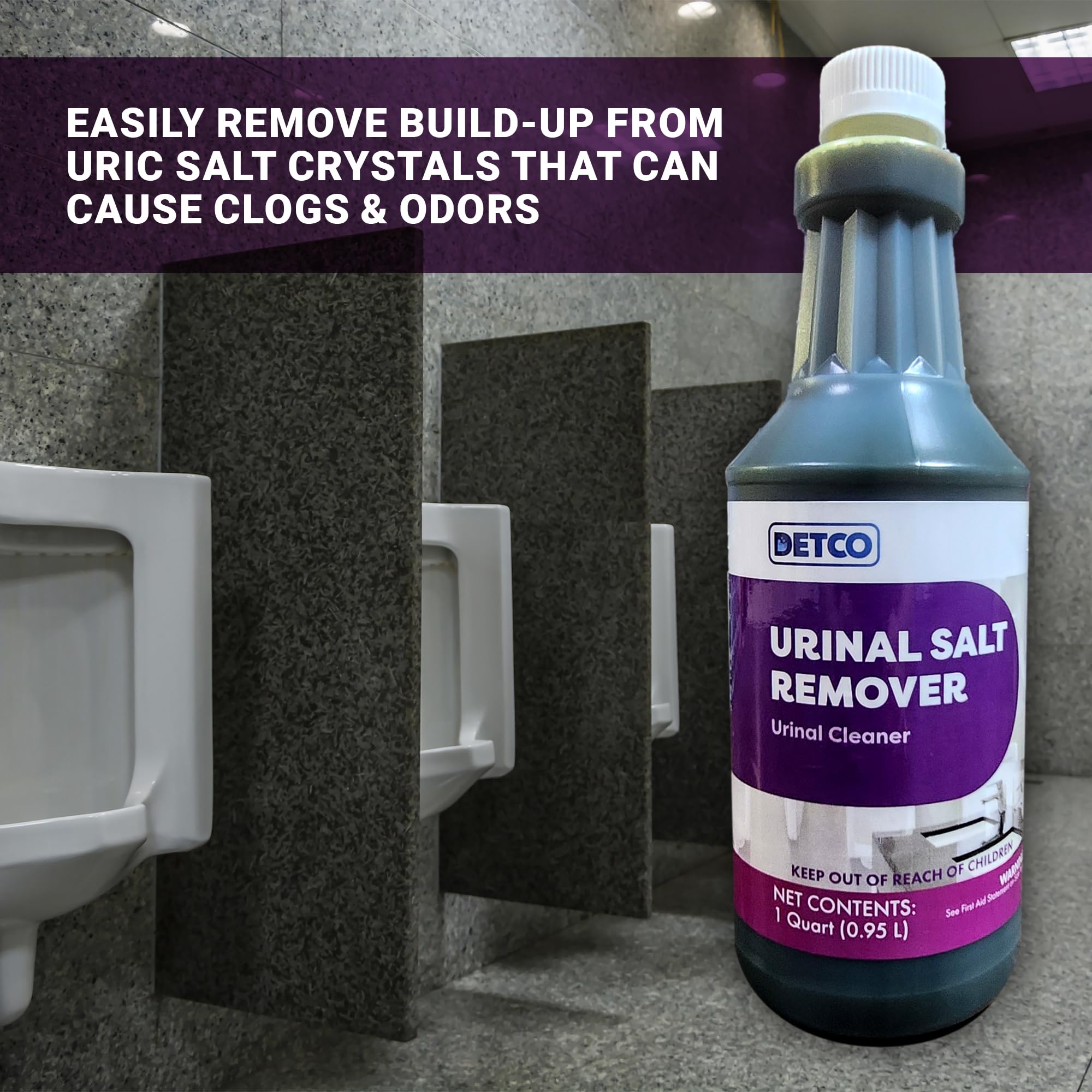 Detco Urinal Salt Remover bottle close-up highlighting concentrated formula for tough deposits.