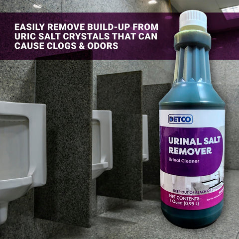 Detco Urinal Salt Remover bottle close-up highlighting concentrated formula for tough deposits.