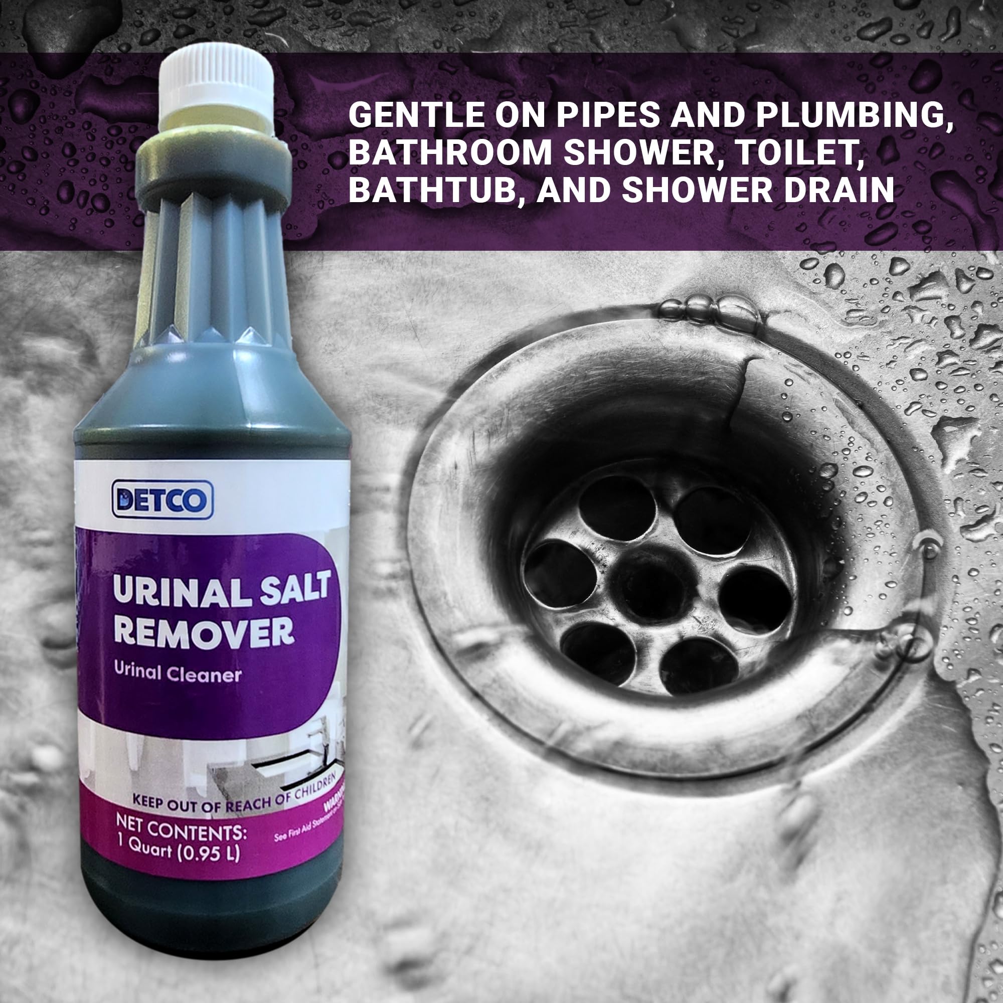 Detco Urinal Salt Remover cleans rust and scale from bathroom fixtures.