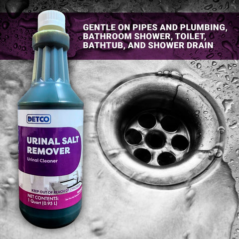 Detco Urinal Salt Remover cleans rust and scale from bathroom fixtures.