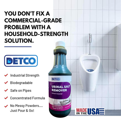 Detco Urinal Salt Remover keeps showers, toilets, and drains flowing smoothly.