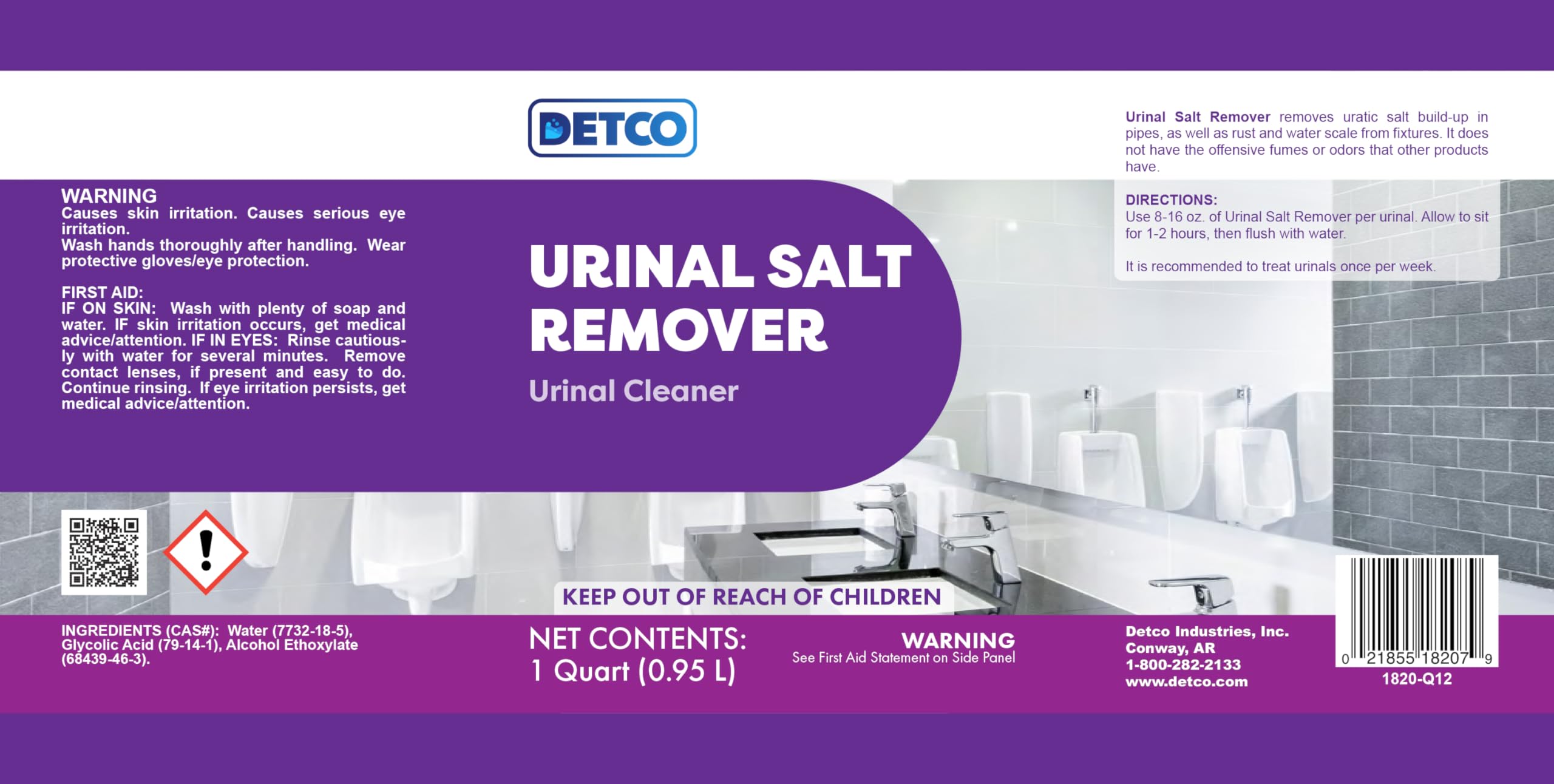 Detco Urinal Salt Remover is safe for plumbing and non-hazardous to use.