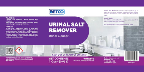 Detco Urinal Salt Remover is safe for plumbing and non-hazardous to use.
