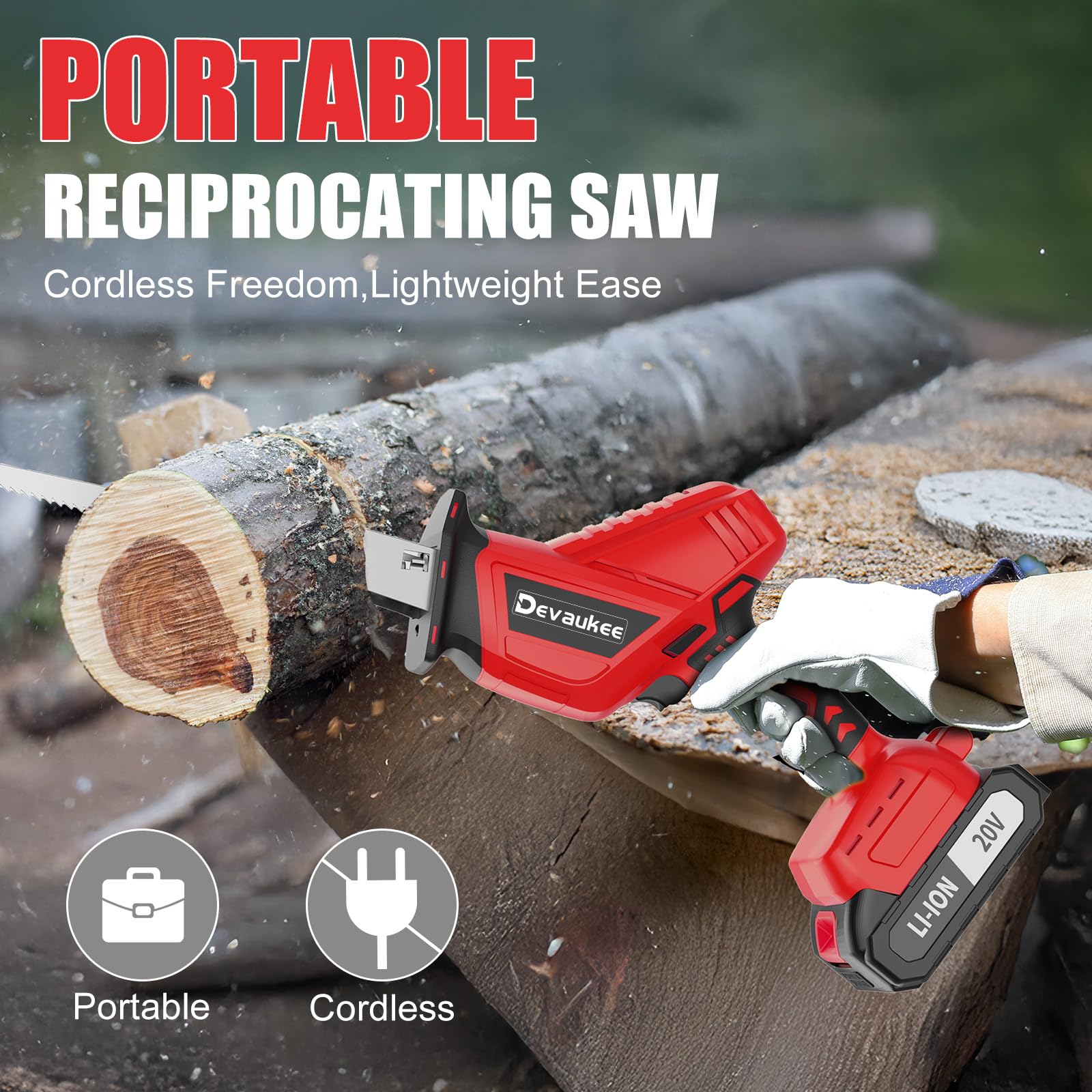 Devaukee 20V battery powered saw showing the accessible battery compartment.