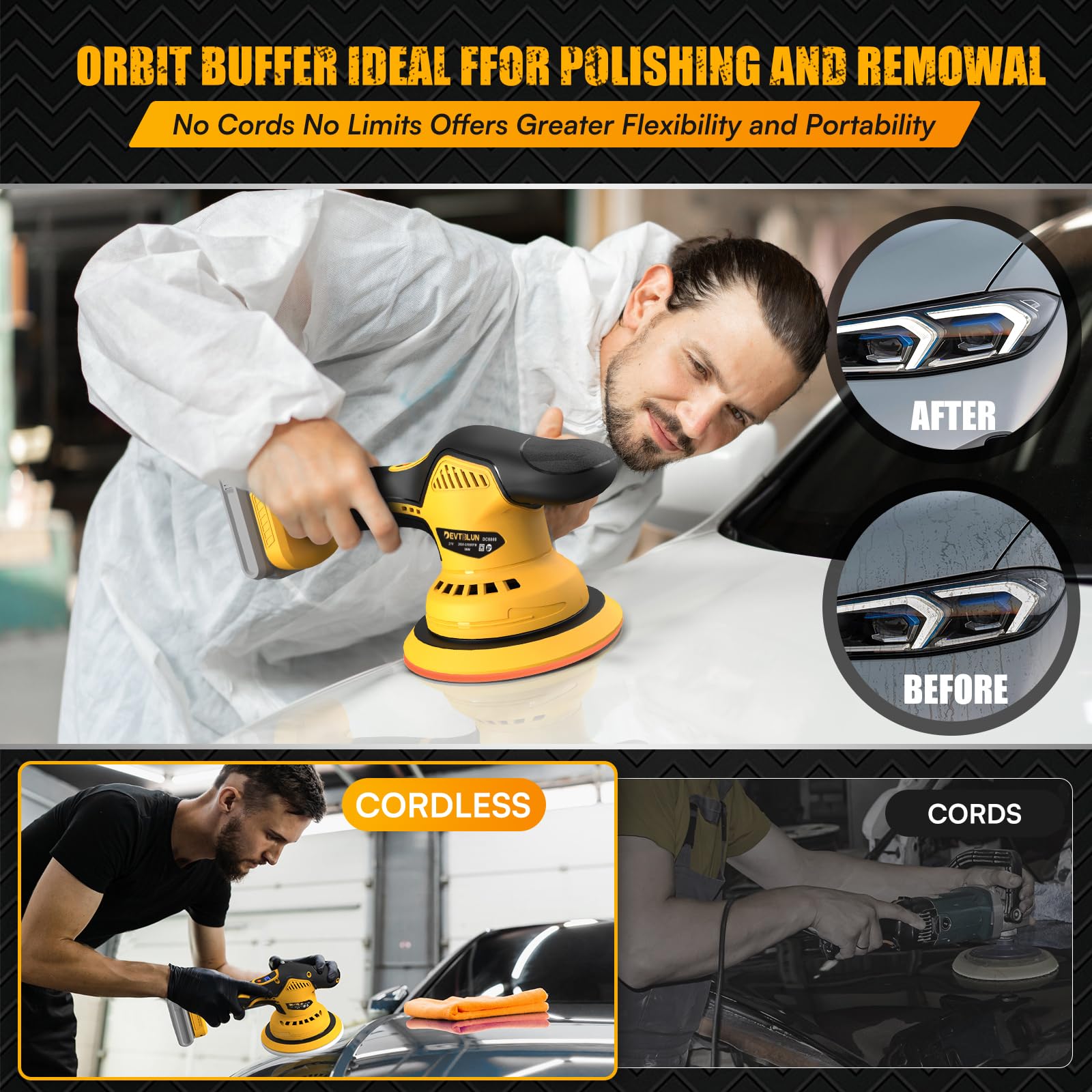 DEVTBLUN 14-piece accessory kit includes pads and bonnets for versatile detailing.