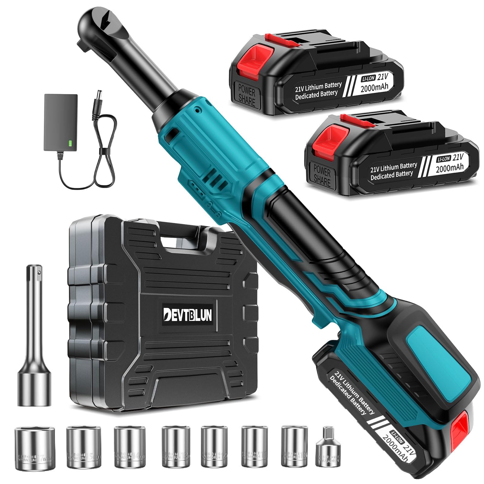 DEVTBLUN 21V ratchet wrench with extended head reaches tight spaces for bolts