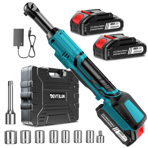 DEVTBLUN 21V ratchet wrench with extended head reaches tight spaces for bolts