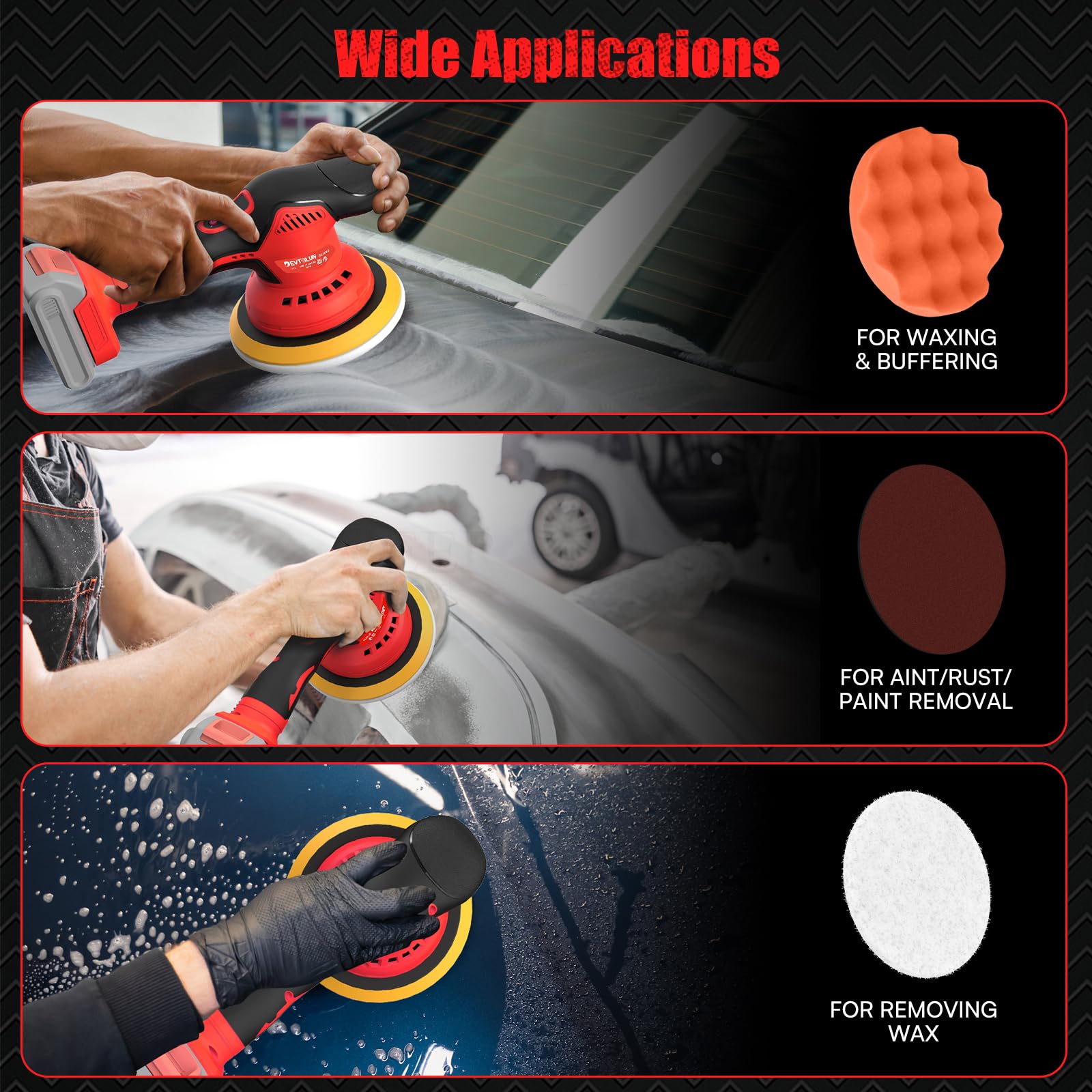 14-piece accessory kit includes pads and bonnets for comprehensive detailing