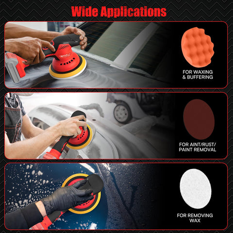 14-piece accessory kit includes pads and bonnets for comprehensive detailing