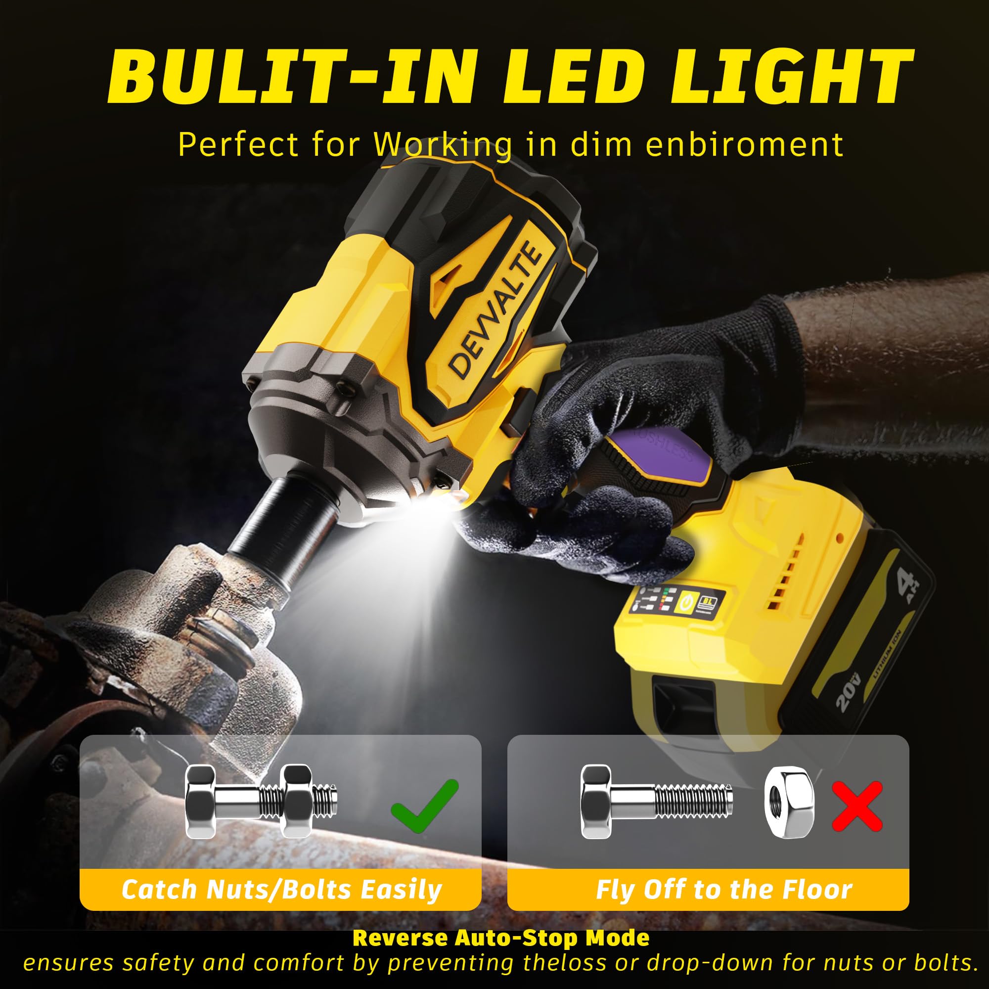 Devvalte cordless impact wrench half-inch drive for quick socket changes.