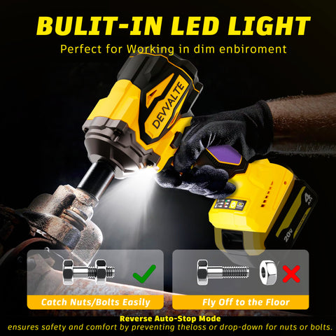 Devvalte cordless impact wrench half-inch drive for quick socket changes.