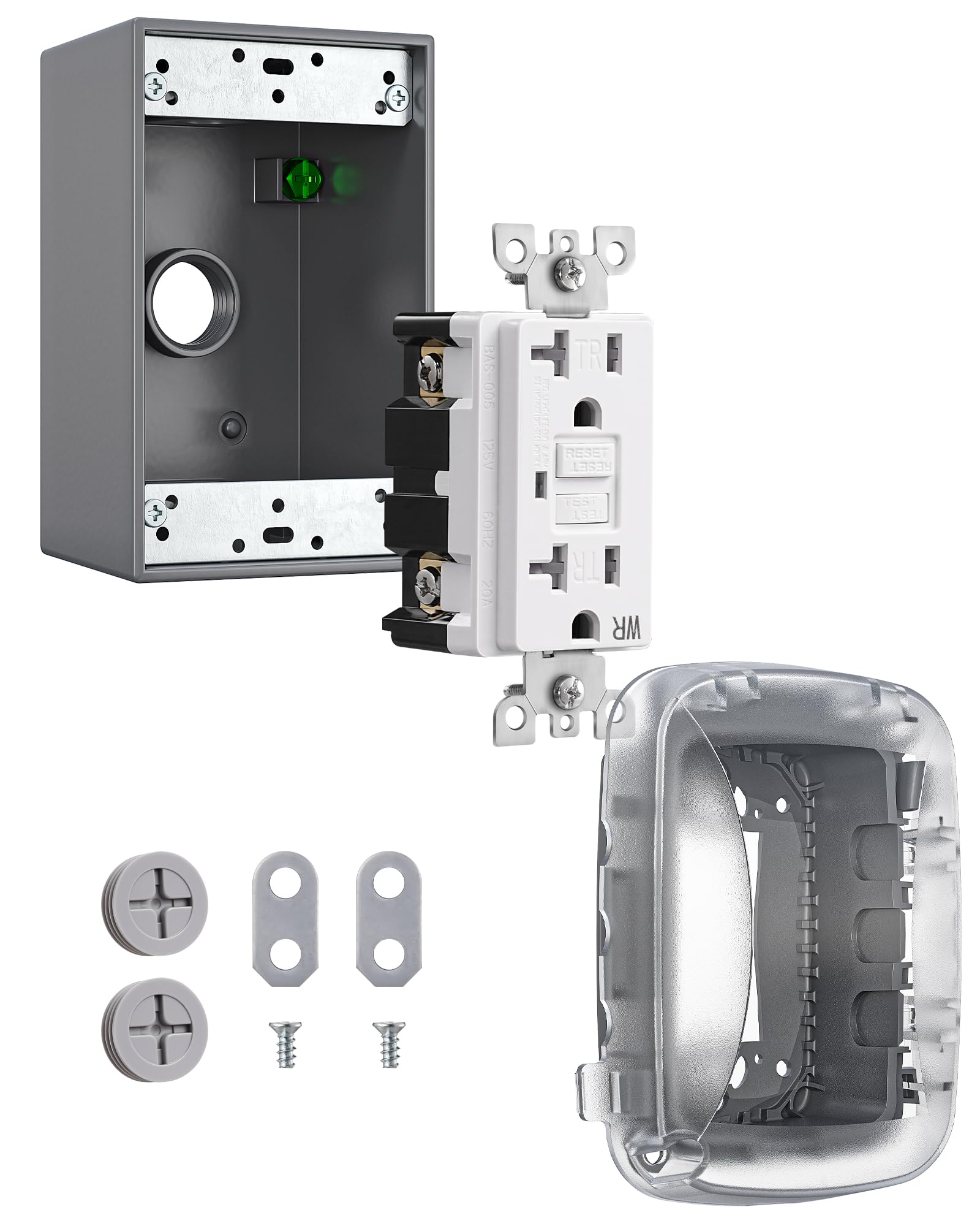 DEWENWILS 20A outdoor outlet box front view showing weatherproof protection