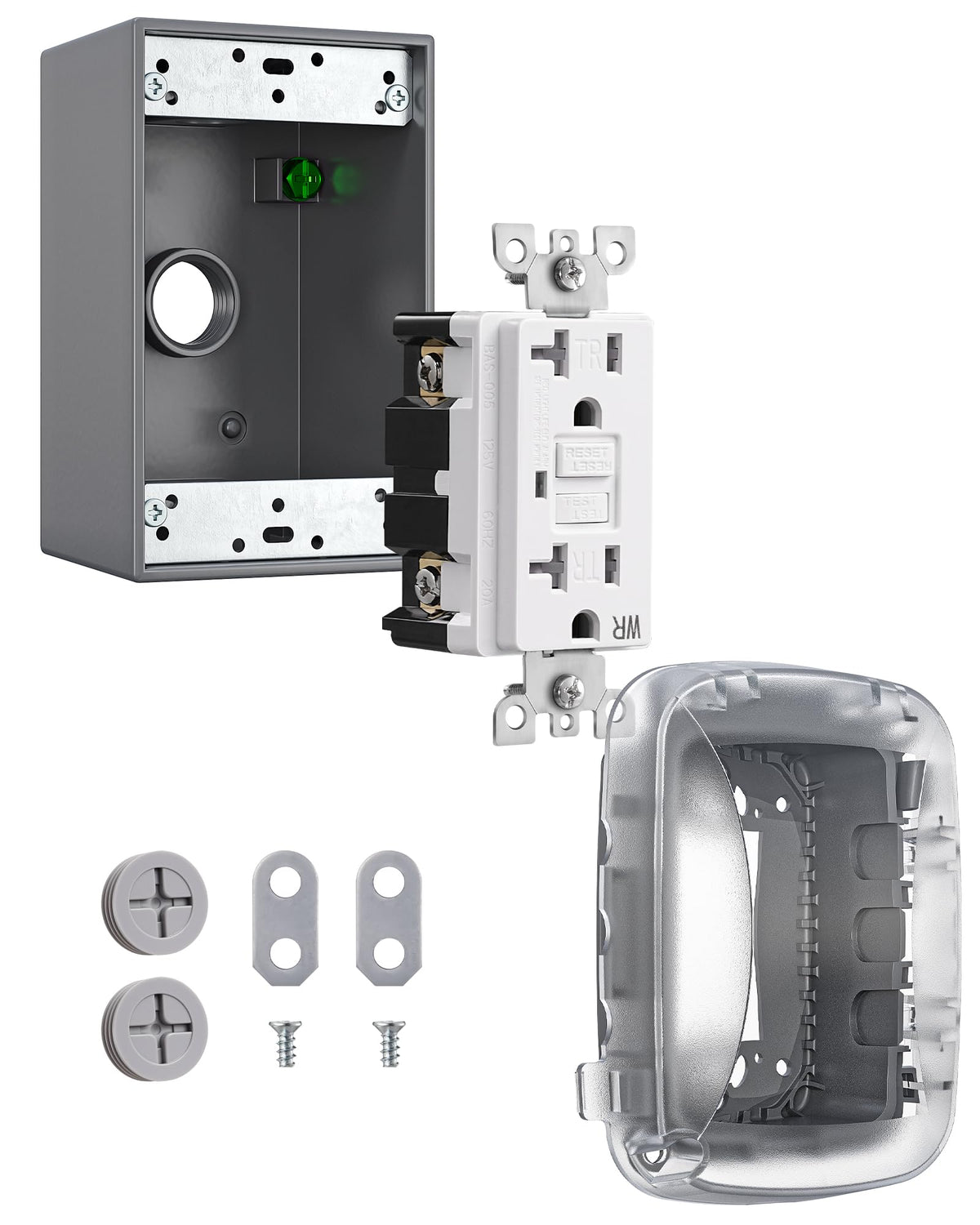 DEWENWILS 20A outdoor outlet box front view showing weatherproof protection