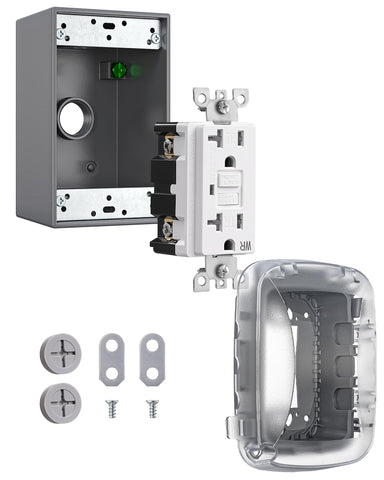 DEWENWILS 20A outdoor outlet box front view showing weatherproof protection