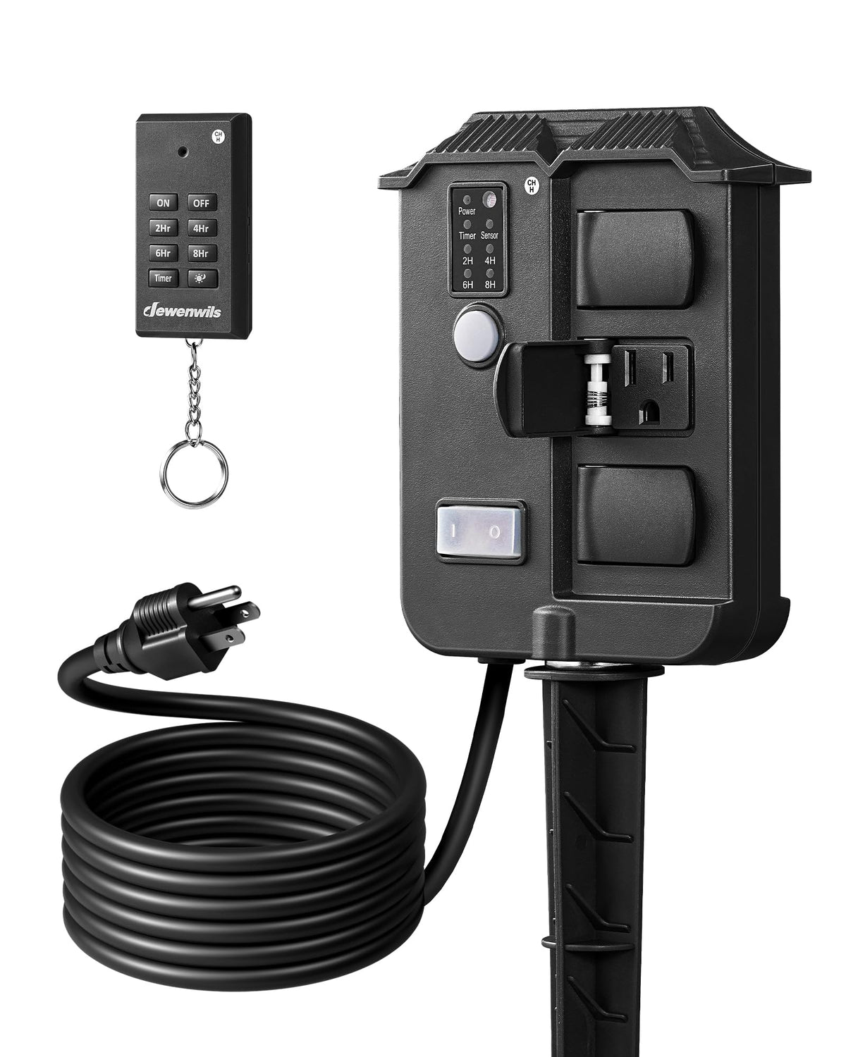 DEWENWILS outdoor power stake timer powers yard lights with six outlets.