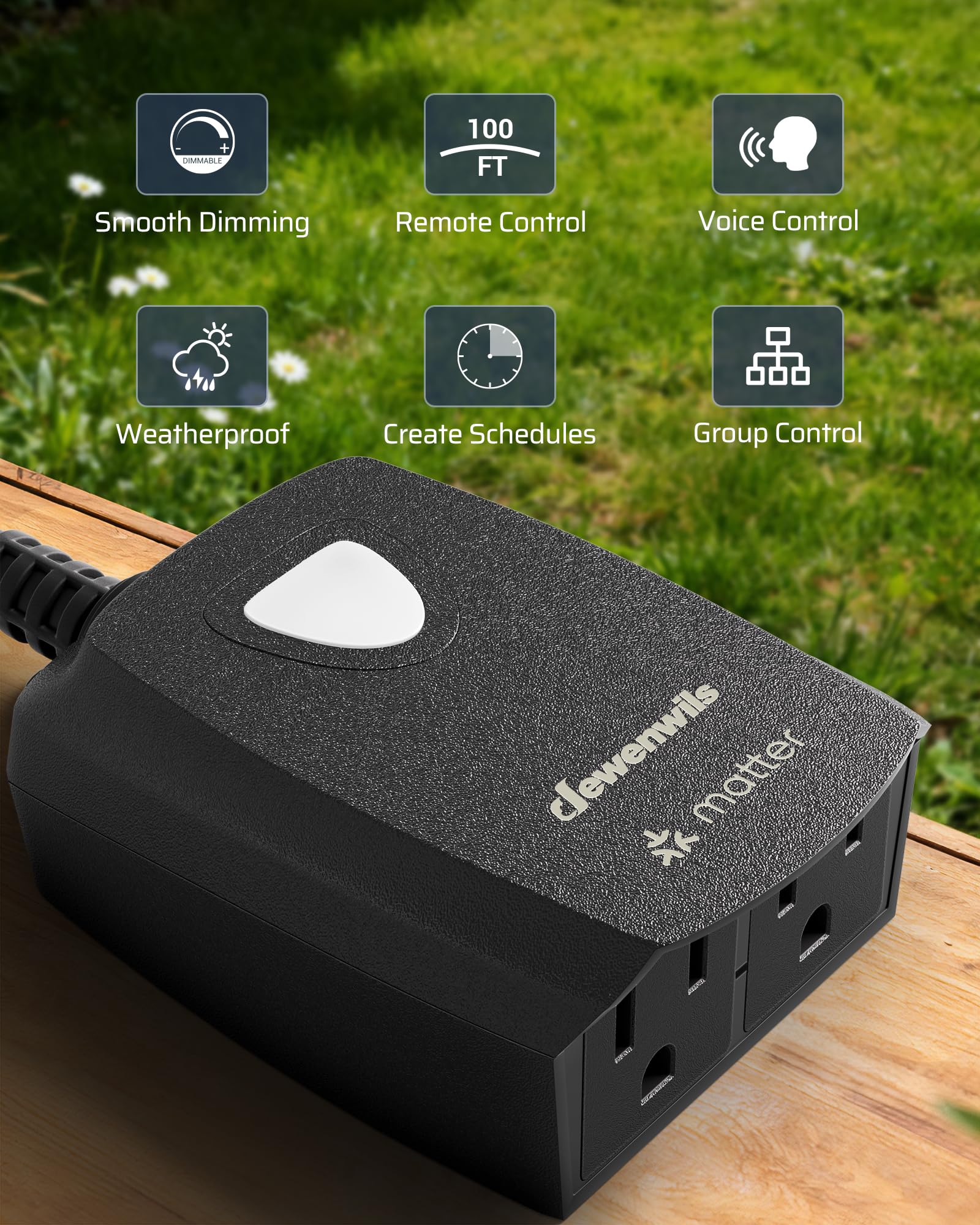 Outdoor dimmer with two outlets controlling string lights at night