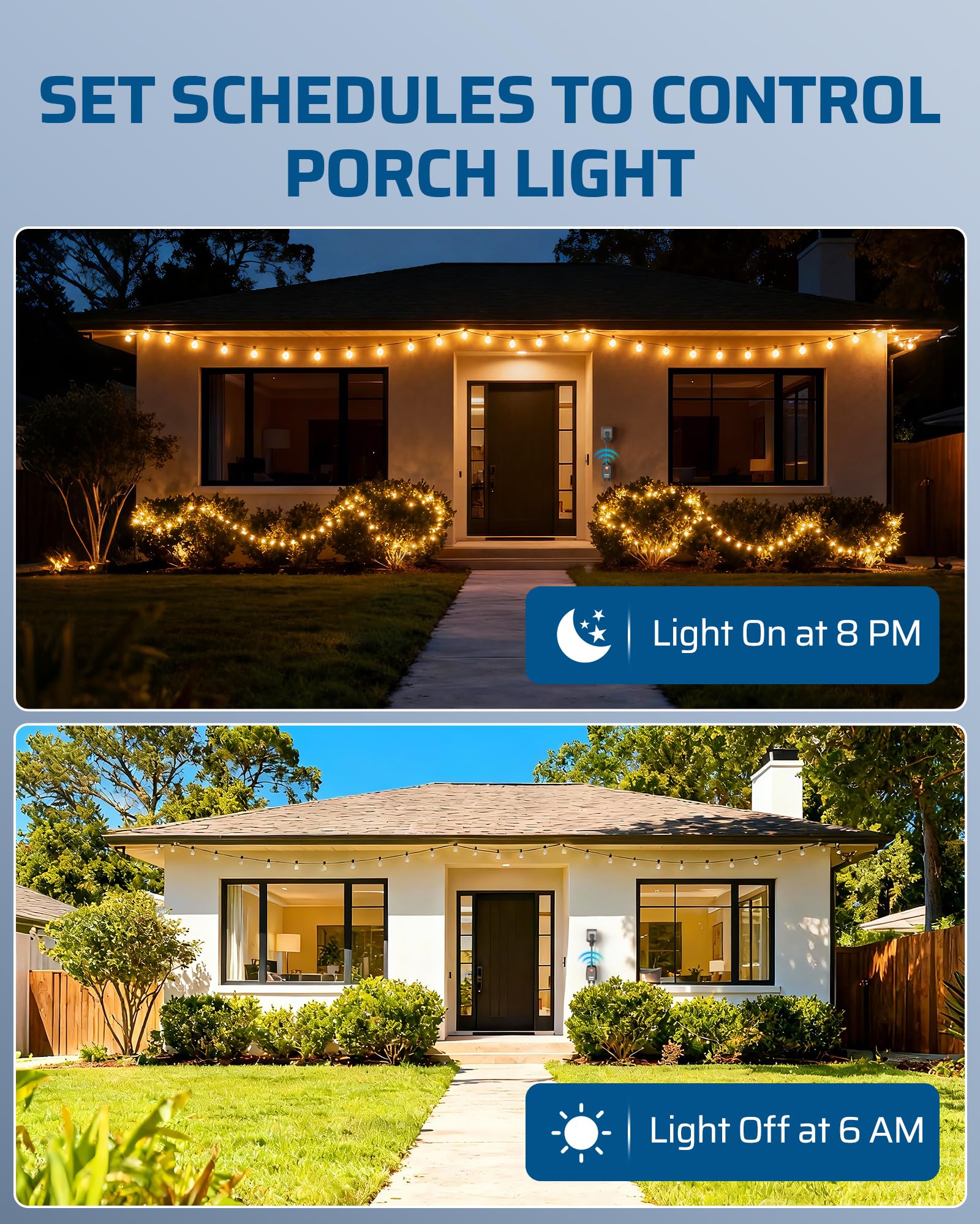 Outdoor lighting scenarios with string lights and landscape accents