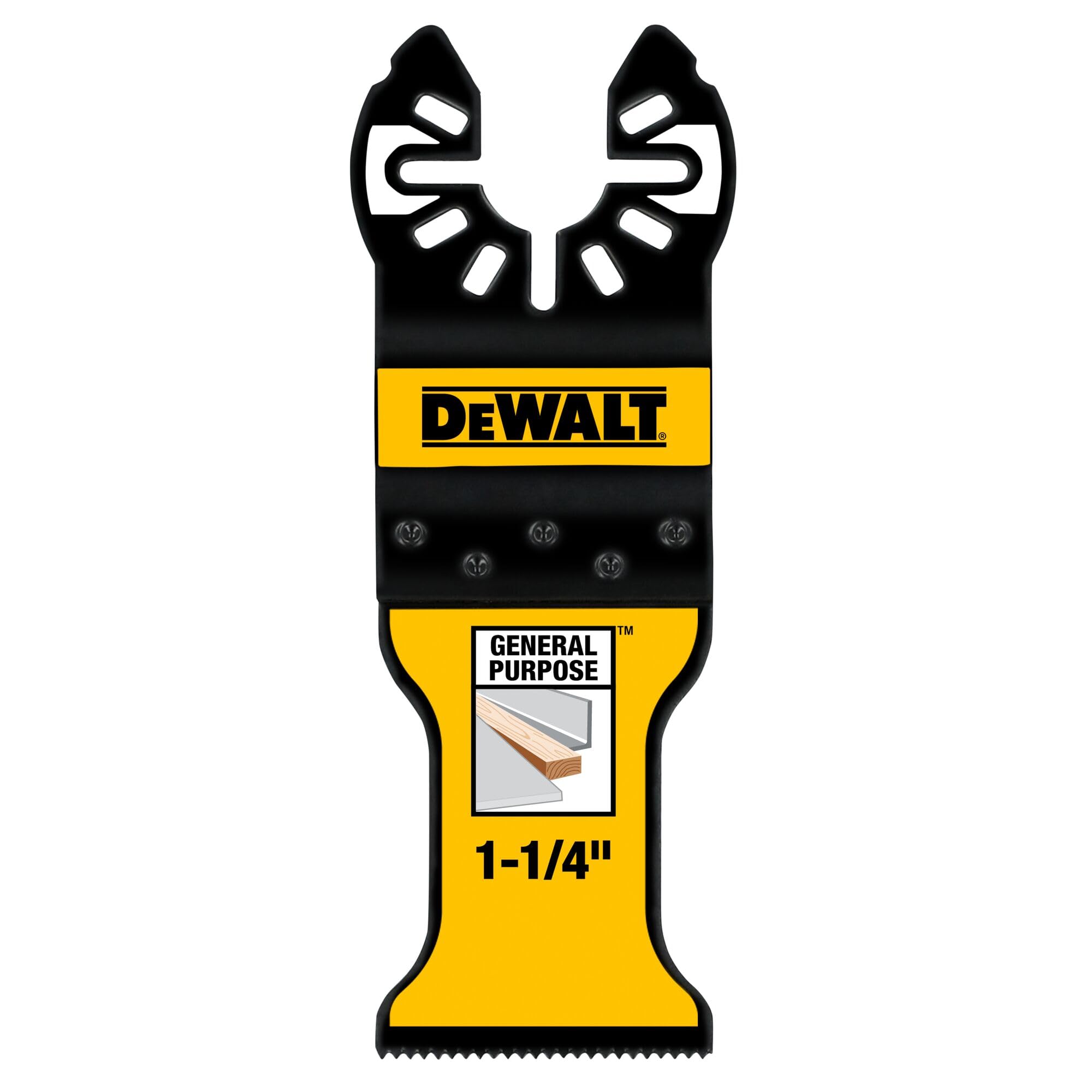 DEWALT 1-1/4-inch titanium oscillating blade cutting wood with nails for tough jobs