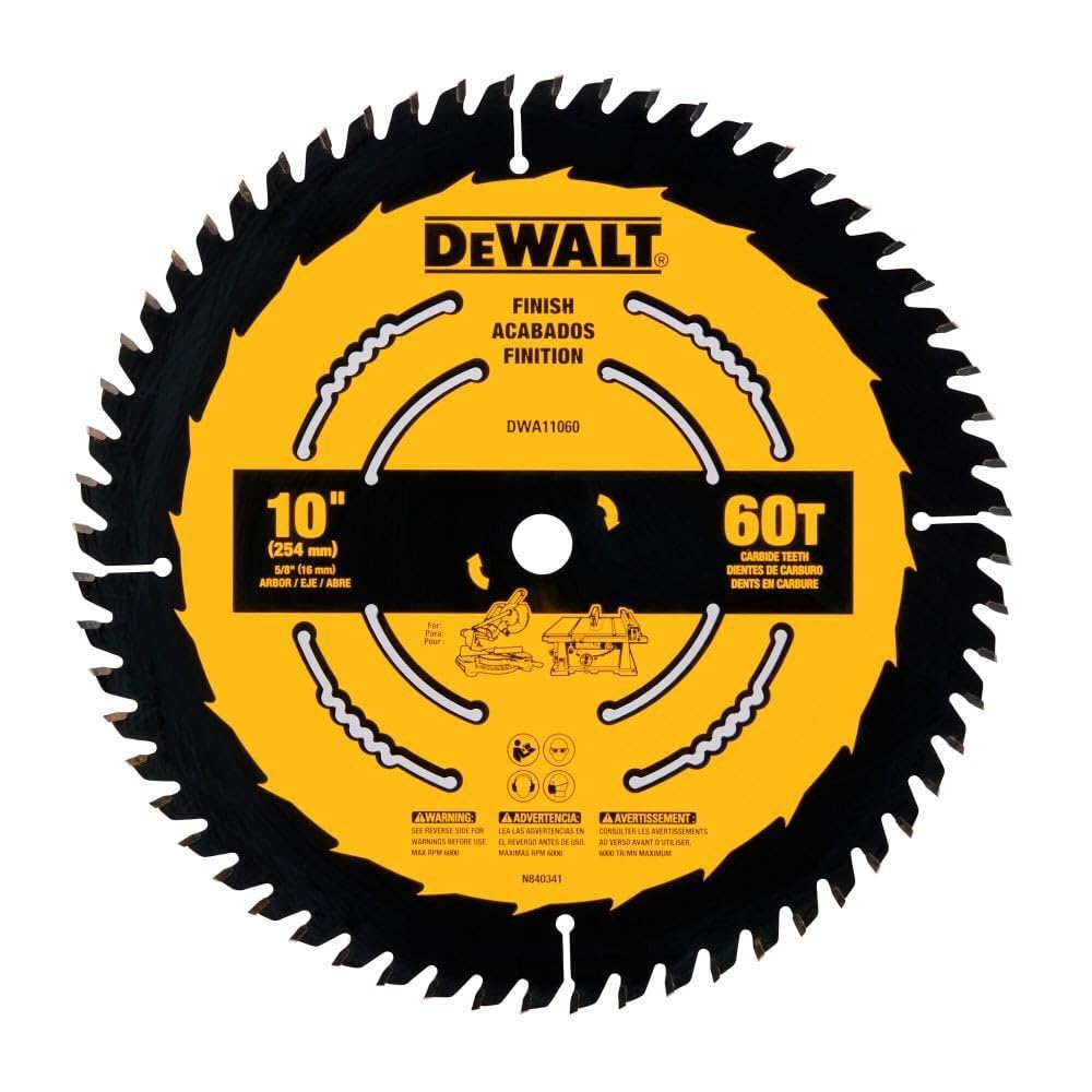 DEWALT 10 in 60T finish blade delivers clean cabinet cuts with carbide teeth