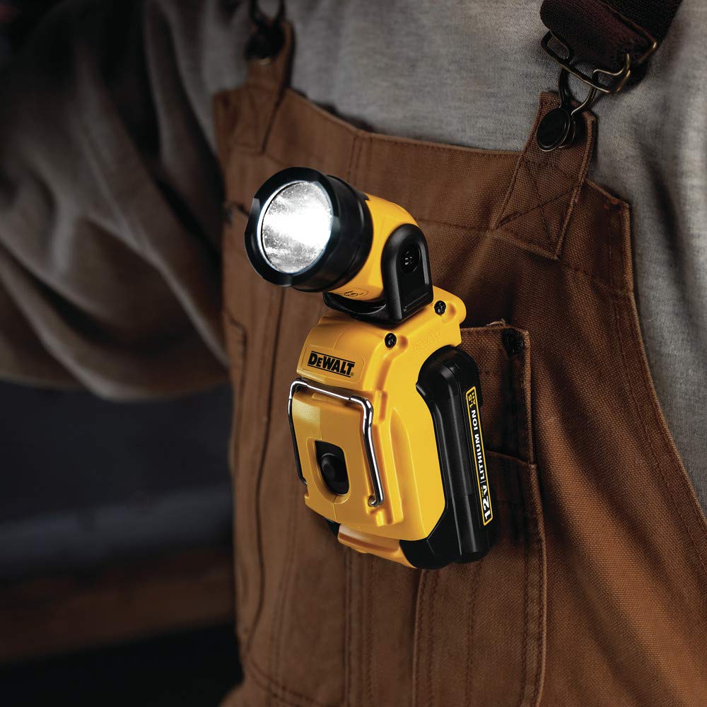 DEWALT DCL510 130-lumen output brightening a dim workspace