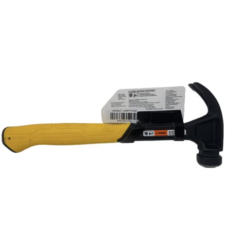 DEWALT 16oz steel curve claw hammer, in-use nail removal action.