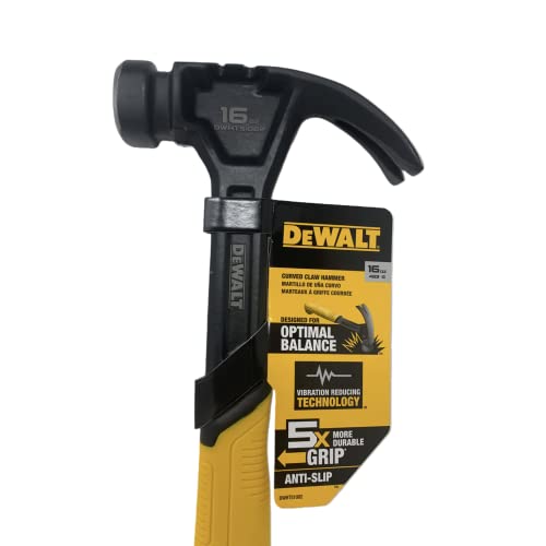 DEWALT 16oz steel curve claw hammer, side profile, durable one-piece construction.