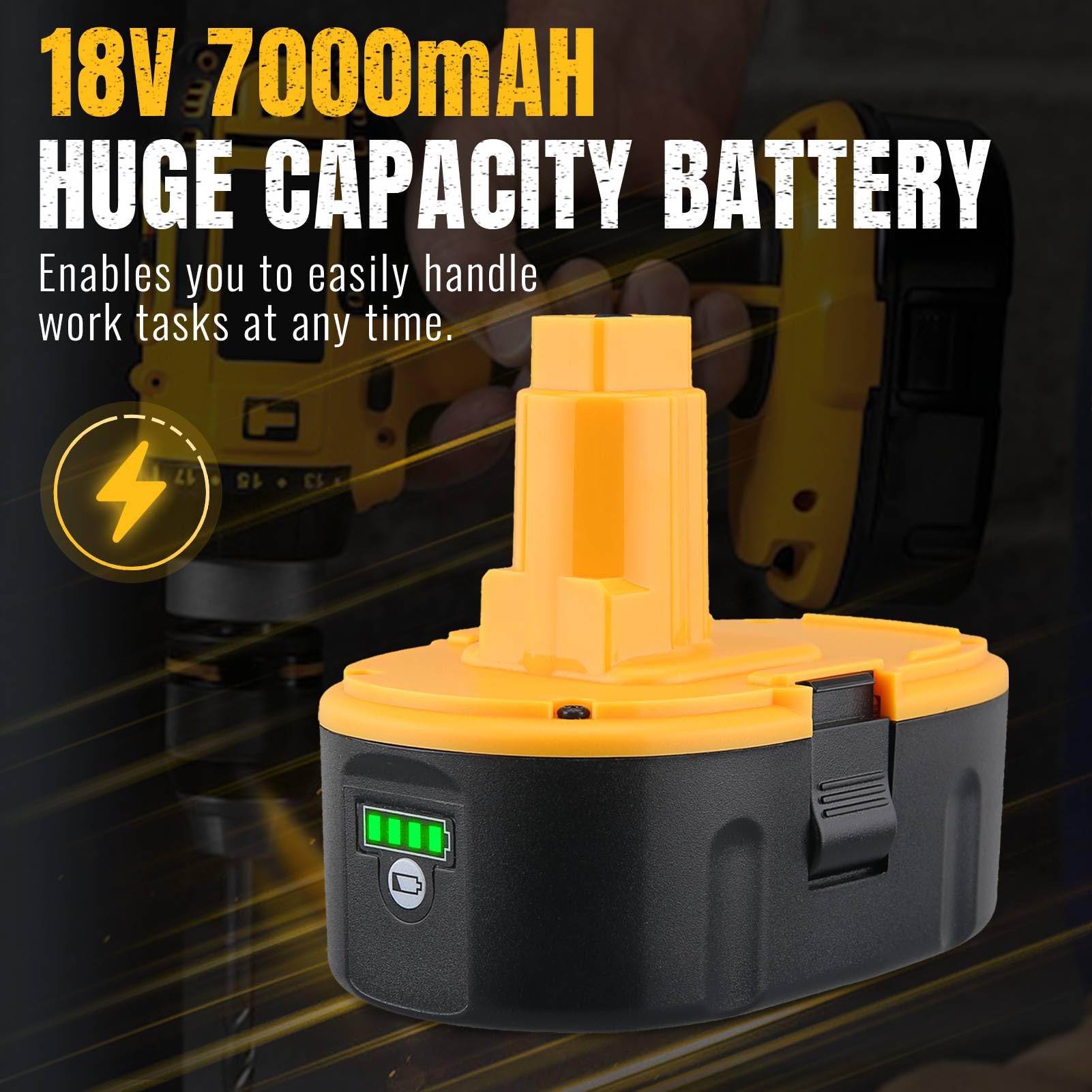 Dewalt 18V compatible battery featuring an LED power indicator.