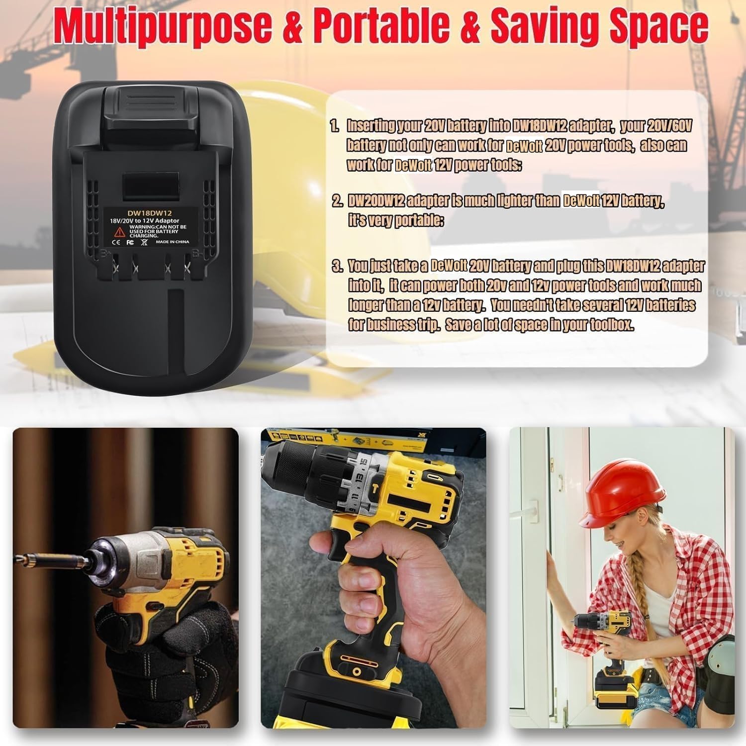 DeWalt DM18DW12 adapter enabling 20V-60V to 12V conversion for tools