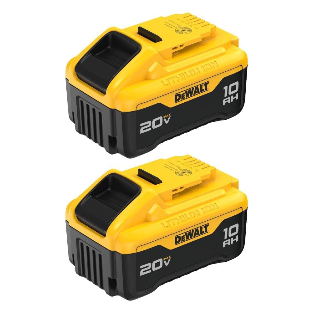 DEWALT 20V MAX 10Ah battery pack front view, extended runtime for heavy-use tasks.