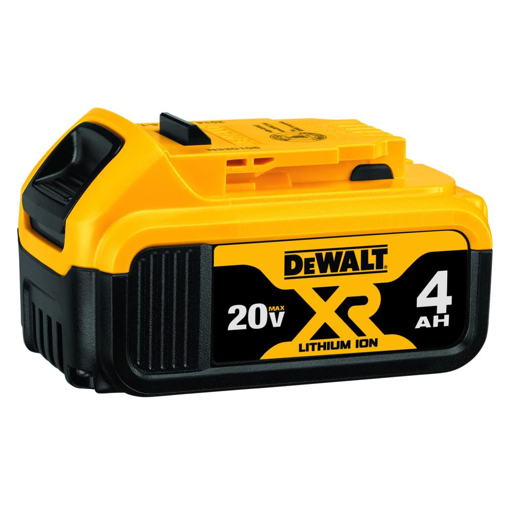 DEWALT 20V MAX 4Ah battery near charger illustrating system compatibility.