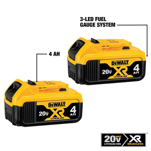 DEWALT 20V MAX 4Ah battery with LED indicator for quick charge status check.
