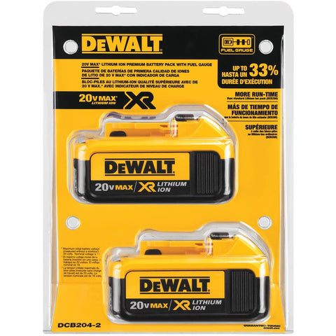 DEWALT 20V MAX 4Ah battery pair shown with tools highlighting on-site versatility.