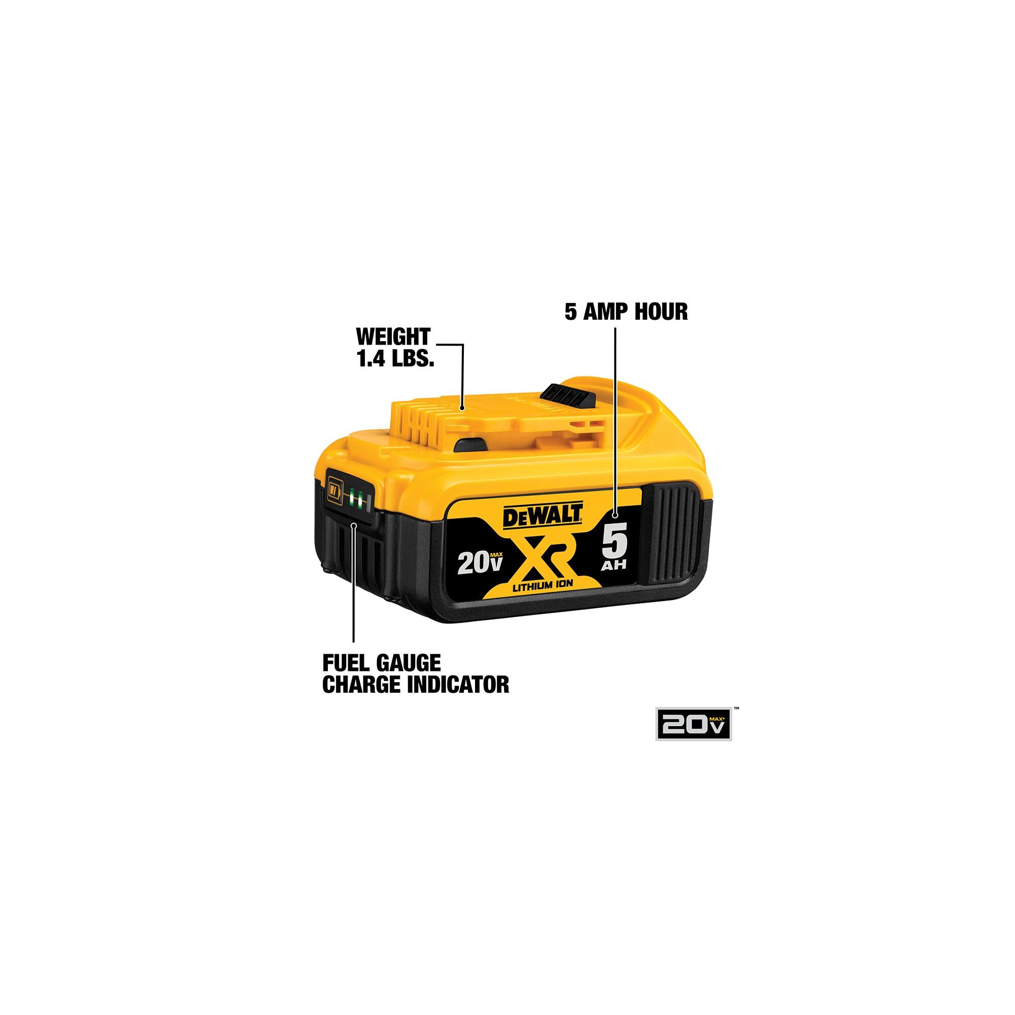 DEWALT 20V MAX 5Ah battery side angle for compact profile