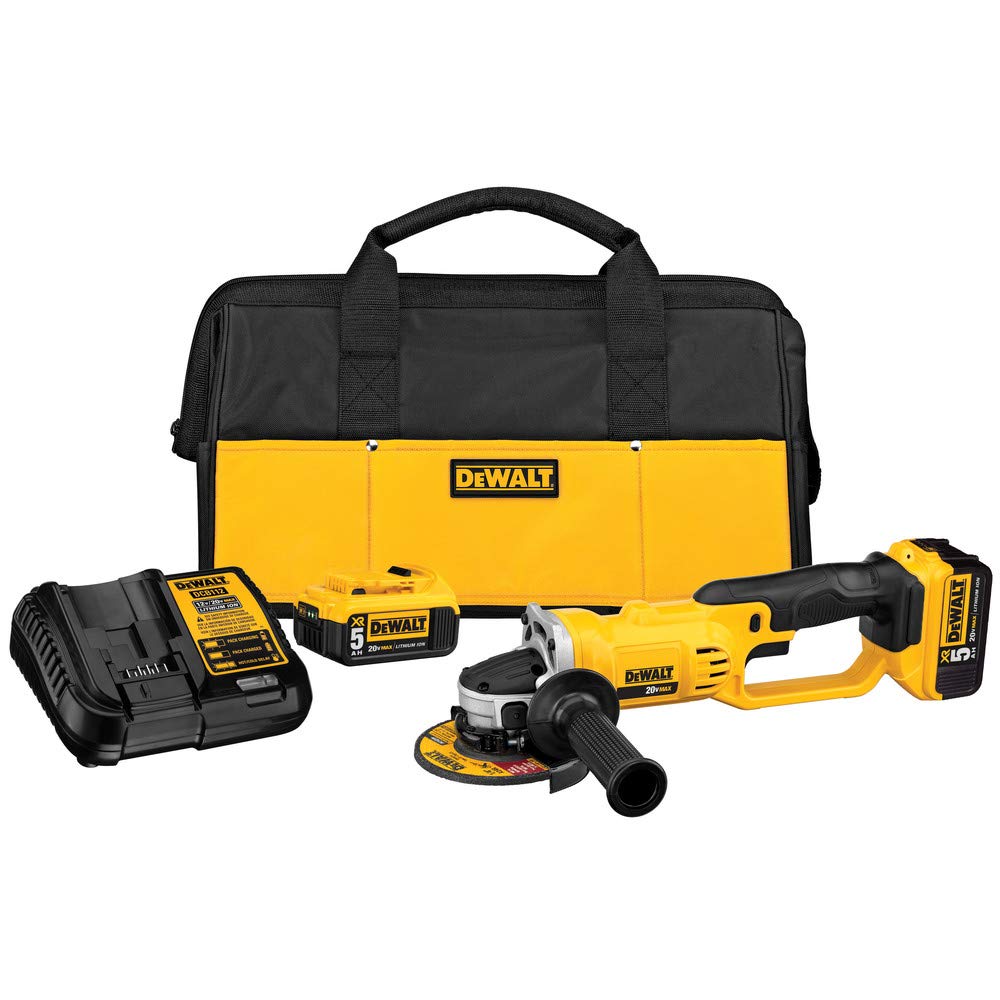 DEWALT DCG412P2 front view showcases cordless power for metal cutting.