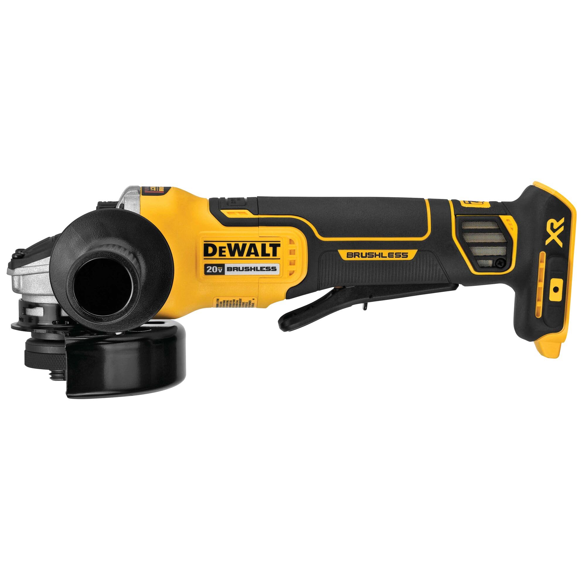 DEWALT grinder showing kickback brake for safer material removal.