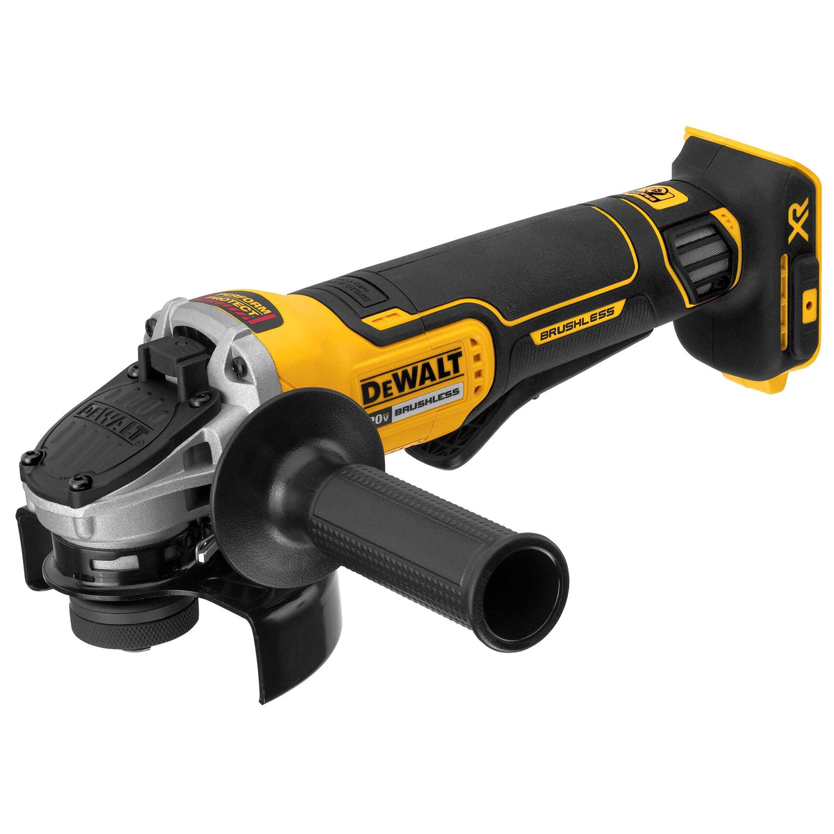 DEWALT 20V MAX angle grinder with paddle switch for smooth control.