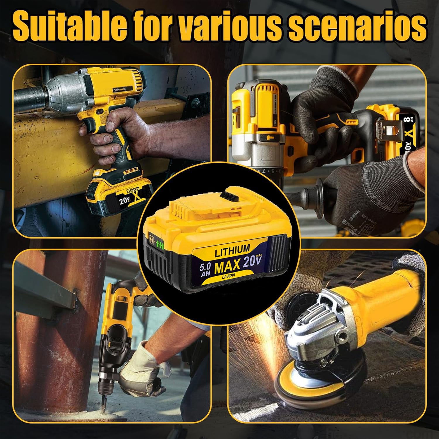 Dewalt 20V Max 2-pack close-up cells highlight high-density Li-ion power.