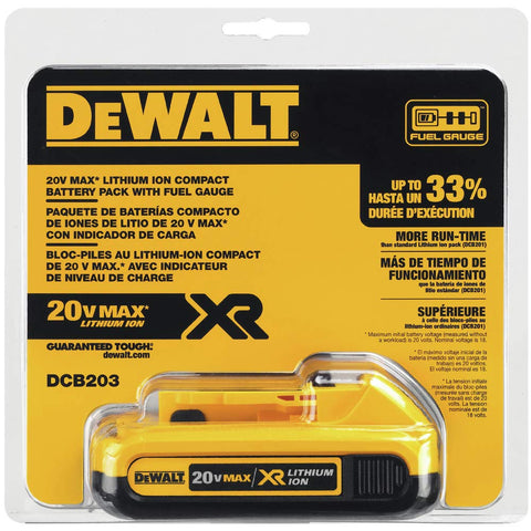 DEWALT 20V MAX compact 2.0Ah battery, charge indicator, quick gauge of remaining capacity.