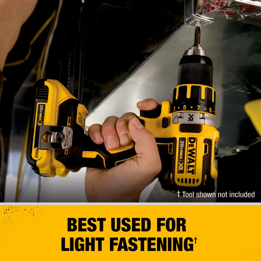 DEWALT 20V MAX compact 2.0Ah battery, ergonomic pack, reduced fatigue during long sessions.
