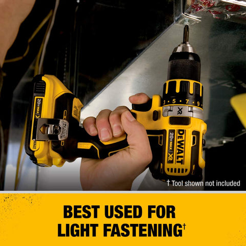DEWALT 20V MAX compact 2.0Ah battery, ergonomic pack, reduced fatigue during long sessions.