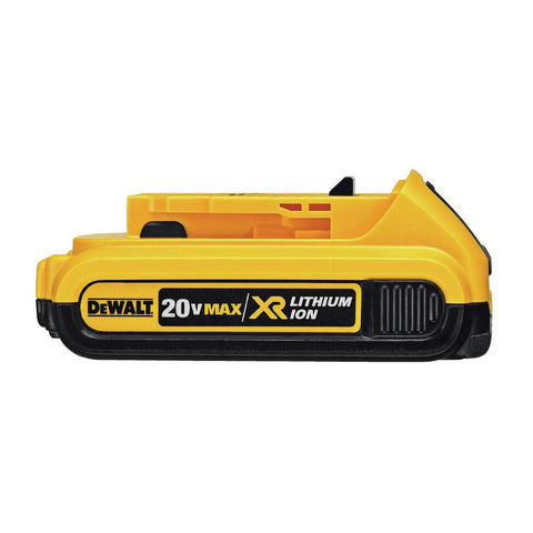 DEWALT 20V MAX compact 2.0Ah battery, front view, lightweight for easier use.